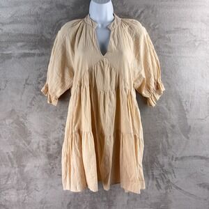 70F 21C Dress Womens Size Large Beige‎ Puff Sleeve Tiered Boho Midi 70F/21C